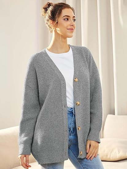 Oversized V-Neck Cardigan Women, Fine Knit Button-Front Relaxed Fit