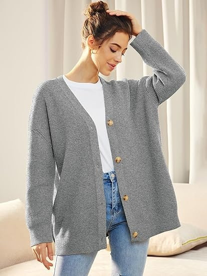 Oversized V-Neck Cardigan Women, Fine Knit Button-Front Relaxed Fit