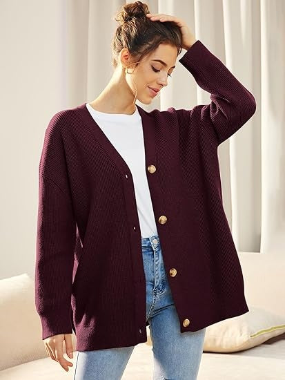 Oversized V-Neck Cardigan Women, Fine Knit Button-Front Relaxed Fit