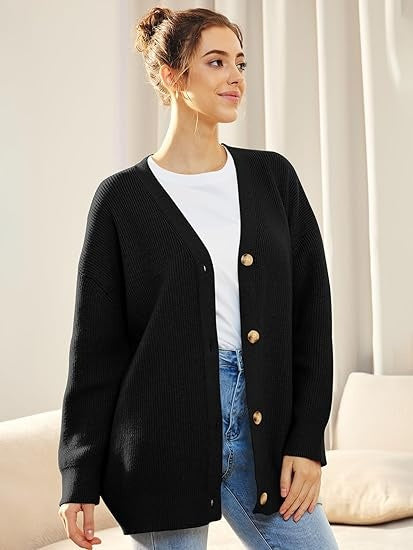 Oversized V-Neck Cardigan Women, Fine Knit Button-Front Relaxed Fit