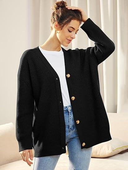 Oversized V-Neck Cardigan Women, Fine Knit Button-Front Relaxed Fit