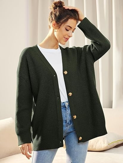 Oversized V-Neck Cardigan Women, Fine Knit Button-Front Relaxed Fit