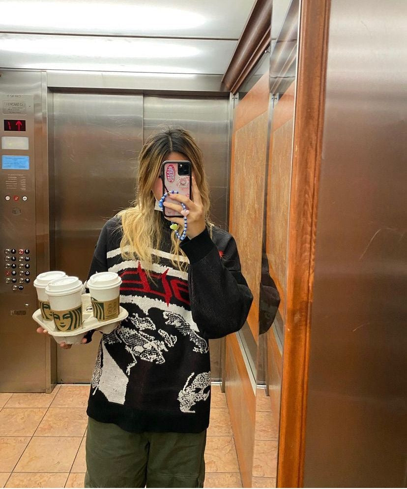 Oversized Graphic Print Sweater Women Streetwear Knit