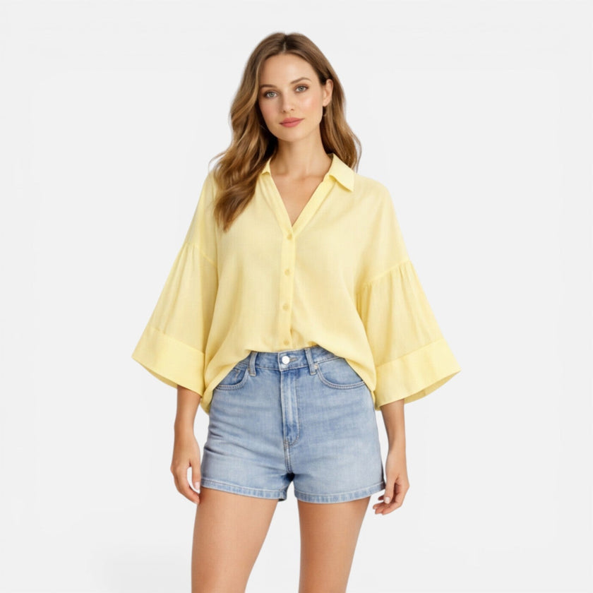 Women’s lightweight summer blouse from FJØRNA, loose fit vacation shirt with relaxed, oversized style and breathable fabric.