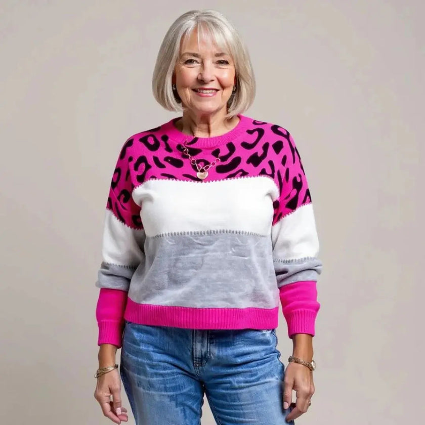 Claire | Women's Leopard Print Color Block Sweater with Cozy for Layering