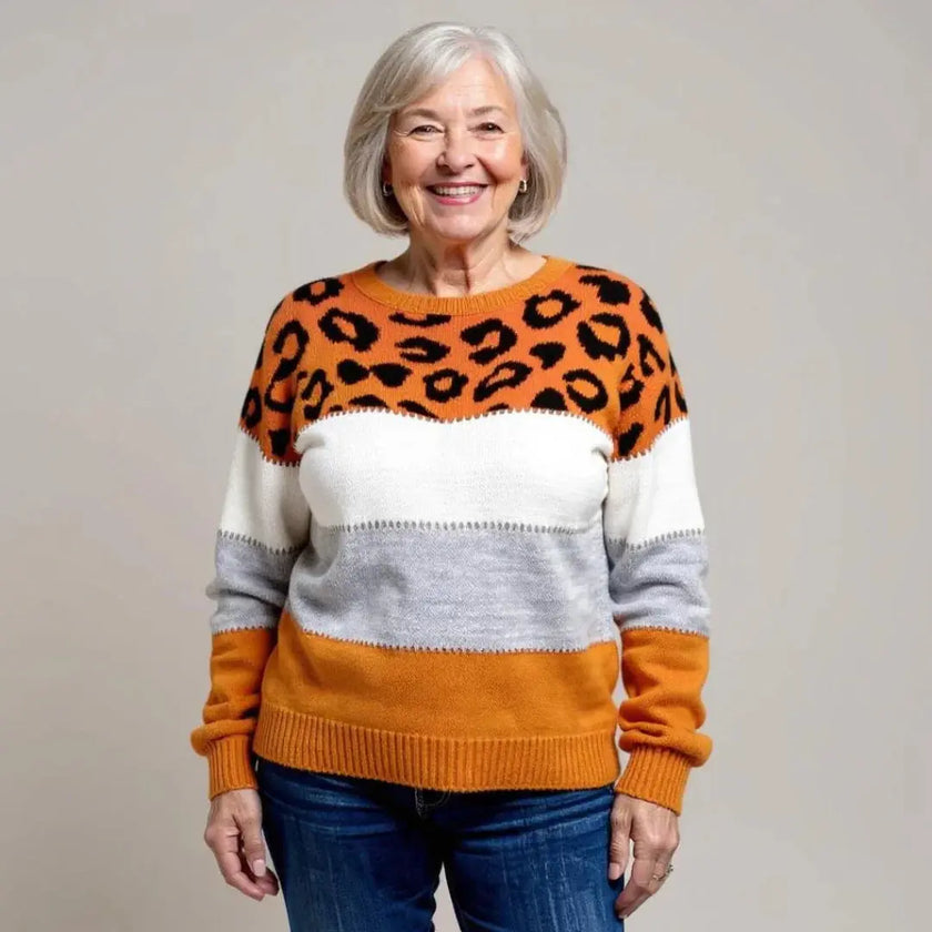 Claire | Women's Leopard Print Color Block Sweater with Cozy for Layering