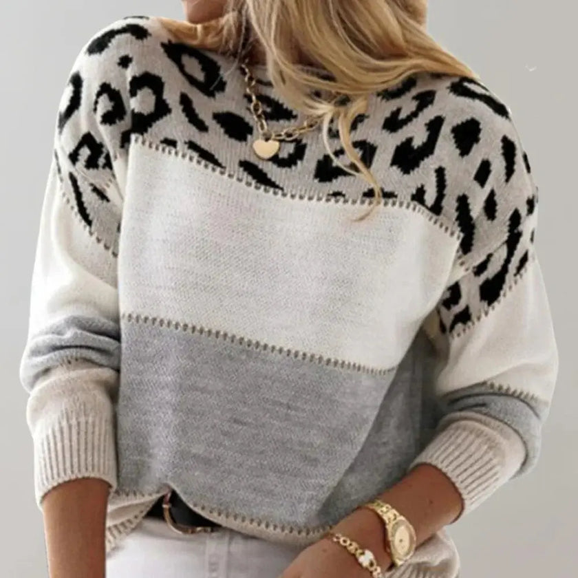 Claire | Women's Leopard Print Color Block Sweater with Cozy for Layering