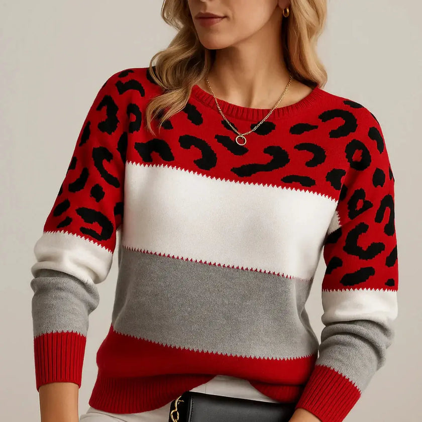 Claire | Women's Leopard Print Color Block Sweater with Cozy for Layering