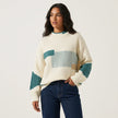 Patchwork Knit Sweater Women Crew Neck Relaxed Fit