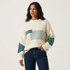 Patchwork Knit Sweater Women Crew Neck Relaxed Fit