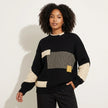 Patchwork Knit Sweater Women Crew Neck Relaxed Fit