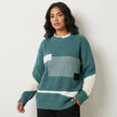 Patchwork Knit Sweater Women Crew Neck Relaxed Fit