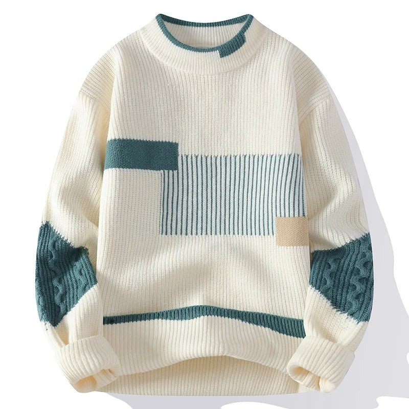 Patchwork Knit Sweater Women Crew Neck Relaxed Fit