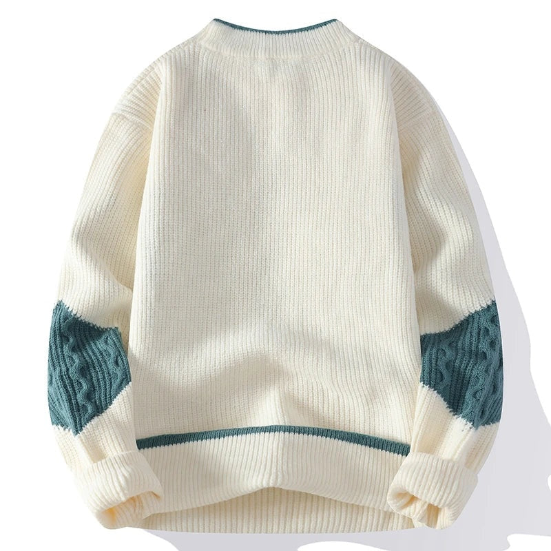 Patchwork Knit Sweater Women Crew Neck Relaxed Fit