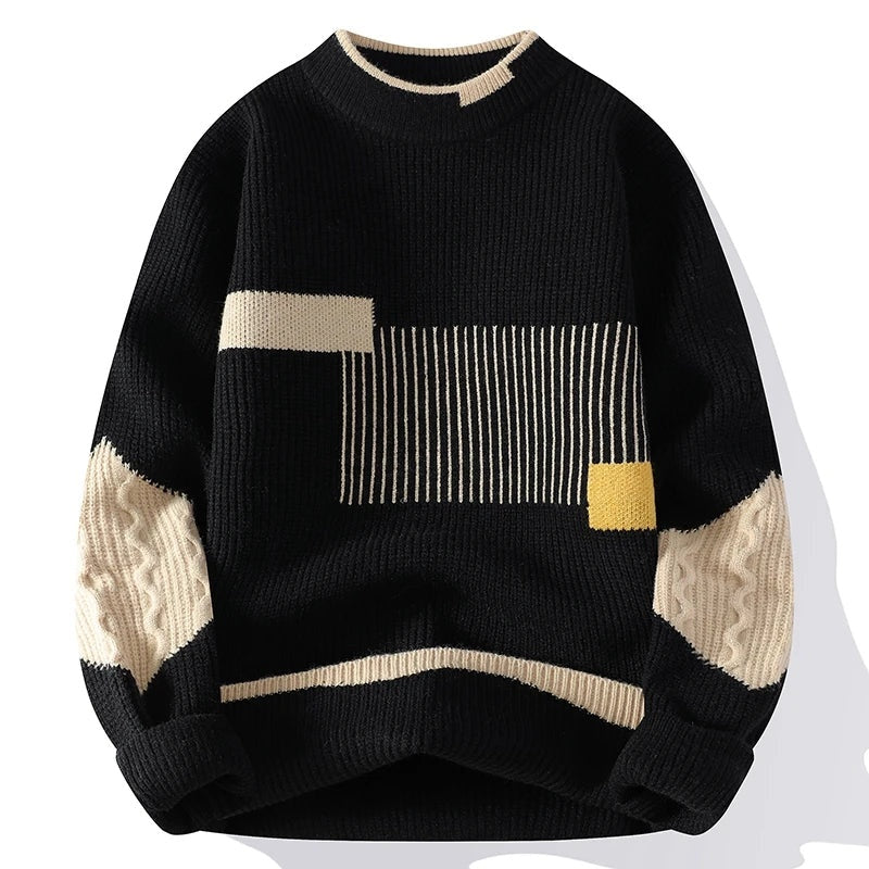 Patchwork Knit Sweater Women Crew Neck Relaxed Fit