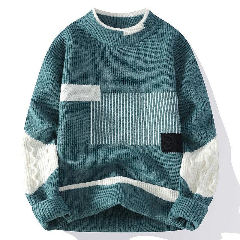 Patchwork Knit Sweater Women Crew Neck Relaxed Fit