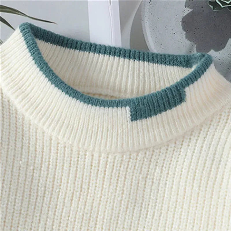 Patchwork Knit Sweater Women Crew Neck Relaxed Fit