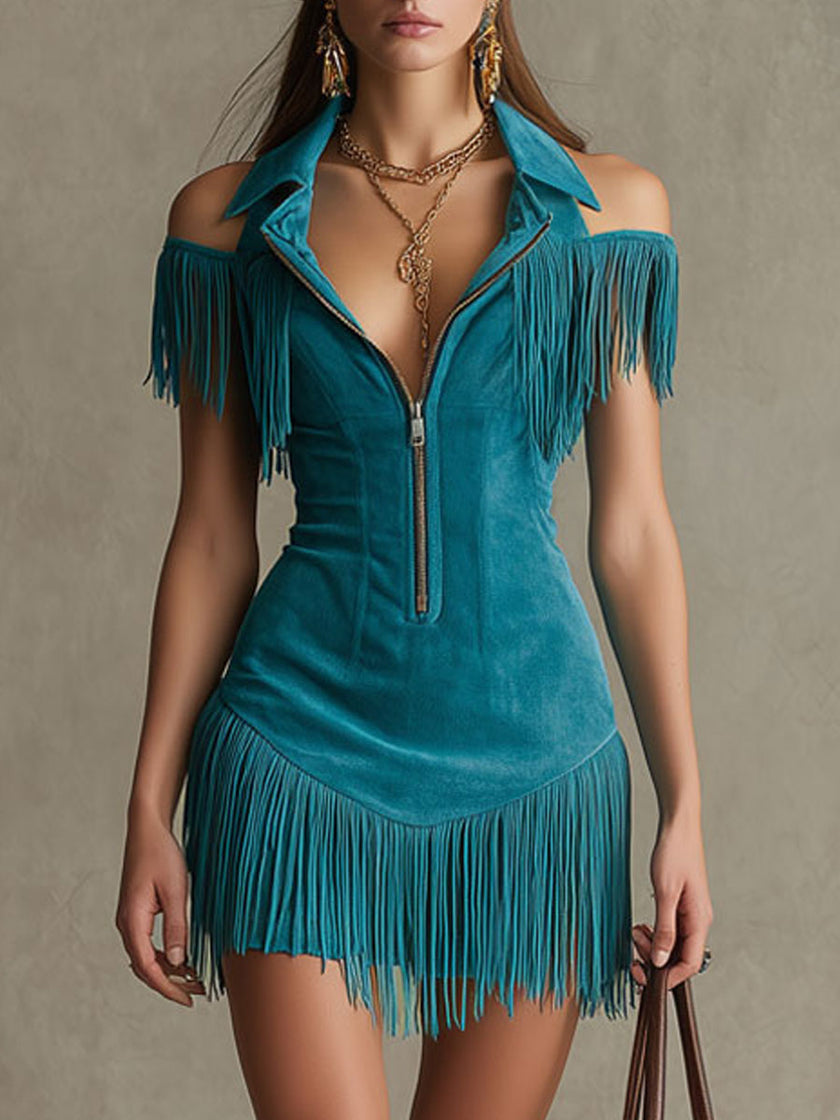 Peacock blue faux suede tassel mini dress by FJØRNA, casual style with tassel details, short sleeves and fitted silhouette.