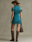 Peacock blue faux suede tassel mini dress by FJØRNA, casual dress with tassel details and a stylish, relaxed fit.