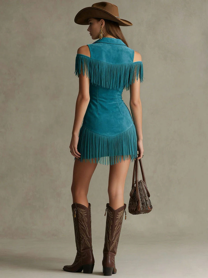 Peacock blue faux suede tassel mini dress by FJØRNA, casual dress with tassel details and a stylish, relaxed fit.