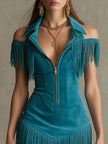 Peacock blue faux suede tassel mini dress by FJØRNA, casual style with tassel accents and fitted silhouette, shown on a model.