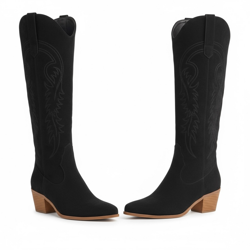 Knee | Women's High Cowgirl Boots with Block-Heel Slip-On Comfortable Casual