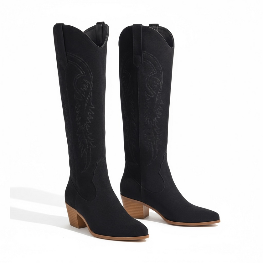 Knee | Women's High Cowgirl Boots with Block-Heel Slip-On Comfortable Casual