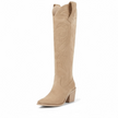 Knee | Women's High Cowgirl Boots with Block-Heel Slip-On Comfortable Casual