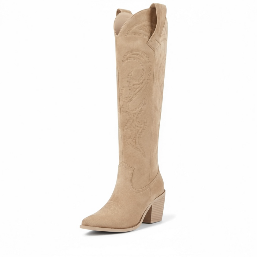 Knee | Women's High Cowgirl Boots with Block-Heel Slip-On Comfortable Casual