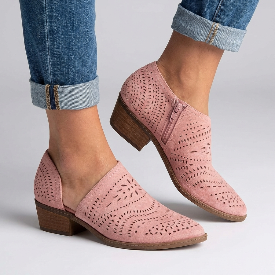 Ankle Boots Faux Suede Side Zip Block Heel Pointed Toe Perforated Booties | Isolde