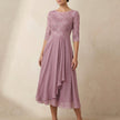 Pink FJØRNA elegant midi bodycon chiffon dress for women, showcasing a fitted silhouette and flowing fabric.