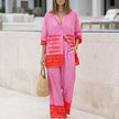 Pink FJØRNA women's summer two-piece set with geometric pockets and V-neck, featuring a stylish, comfortable co-ord outfit.