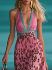 Pink chiffon V-neck maxi dress for women by FJØRNA, flowing fabric, sleeveless design, elegant and lightweight for summer wear.
