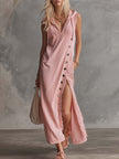 Pink lace V-neck midi dress by FJØRNA, featuring a flattering V-neckline and elegant lace fabric, perfect for evening occasions.