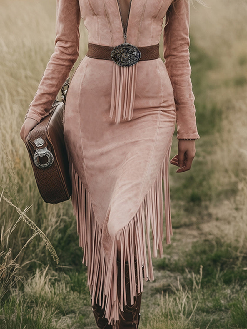Pink tassel midi dress by FJØRNA featuring a flowy casual dress with tassel details and a relaxed fit.