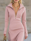 Pink V-neck maxi dress by FJØRNA, flowing evening dress with elegant silhouette and soft fabric, suitable for formal occasions.