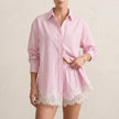 Pink lace two-piece co-ord set for women by FJØRNA, featuring a stylish and elegant matching top and bottom ensemble.