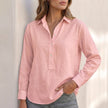 Pink linen V-neck popover blouse for women, relaxed fit FJØRNA top with short sleeves and classic collar.