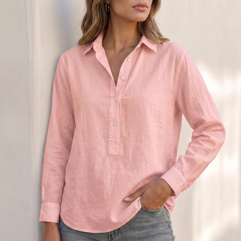 Pink linen V-neck popover blouse for women, relaxed fit FJØRNA top with short sleeves and classic collar.
