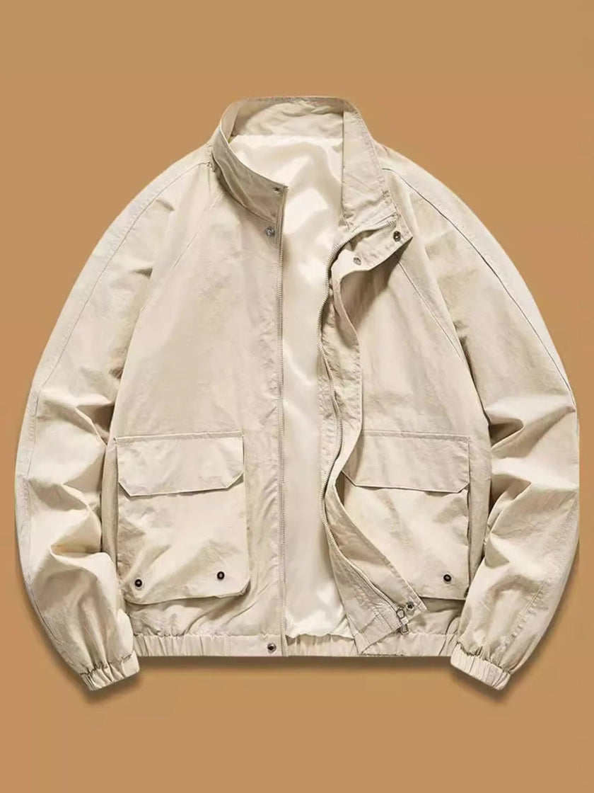 Snap Button Jacket Men Stand Collar Regular Fit Lightweight