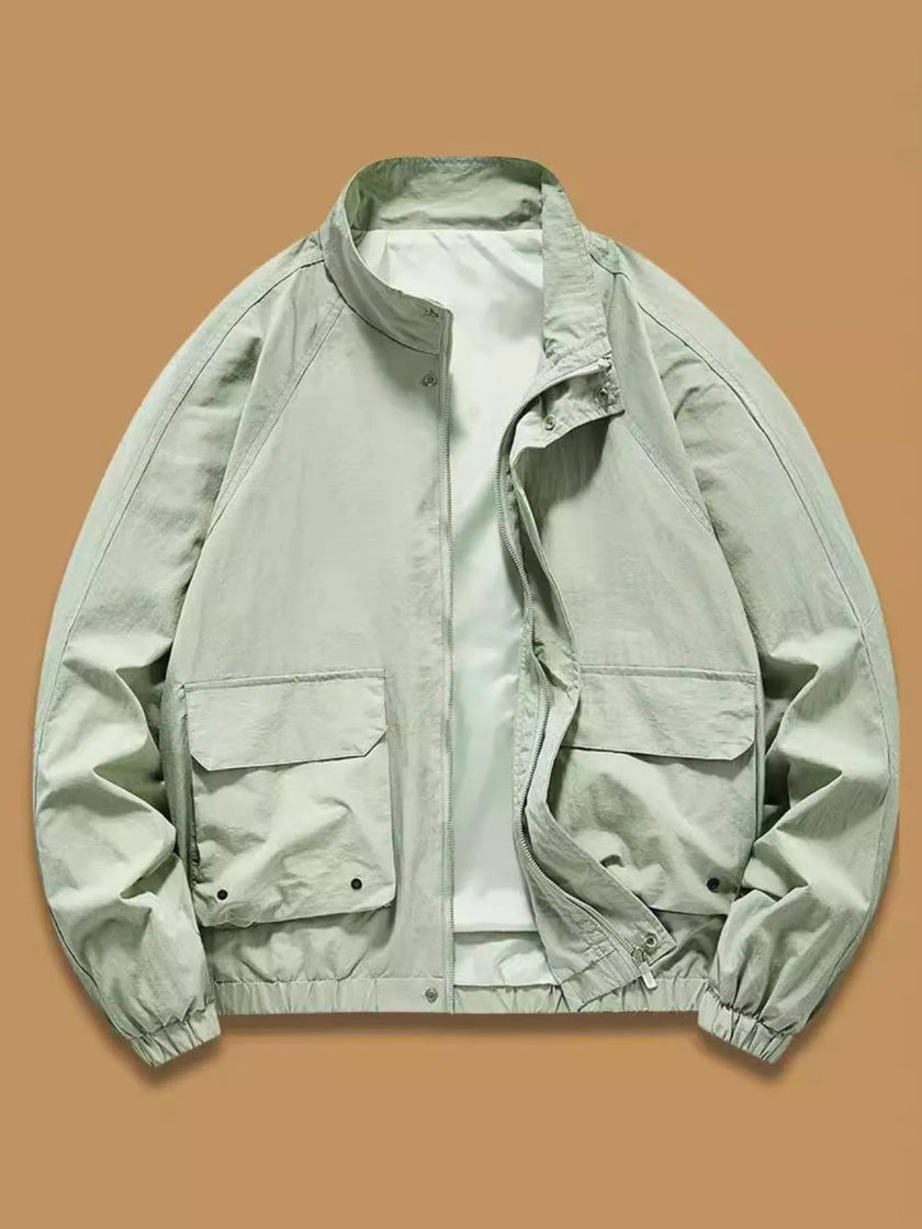 Snap Button Jacket Men Stand Collar Regular Fit Lightweight