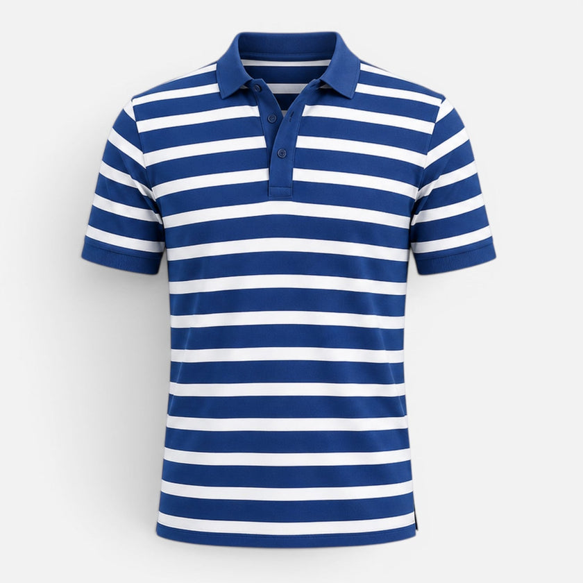 Men's FJØRNA striped polo shirt with breathable fabric, slim fit design, and classic style for casual wear.