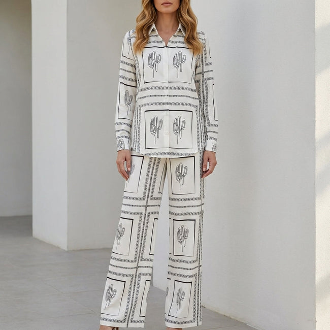 FJØRNA women's summer two-piece co-ord set with printed fabric and button front, perfect for warm weather.
