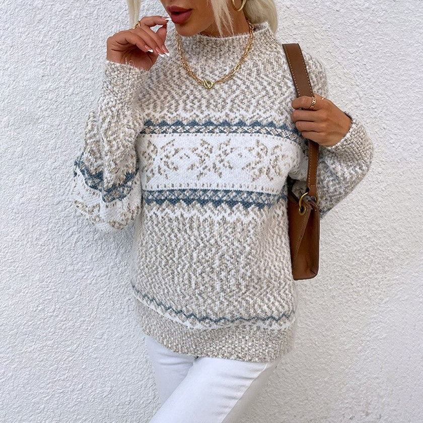Luna | Women's Vintage Fleece High Neck Sweater Pullover with Snowflake Geometric Soft for Winter