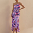 Purple FJØRNA elegant maxi dress for women, one-shoulder bodycon style, flowing fabric and fitted silhouette.