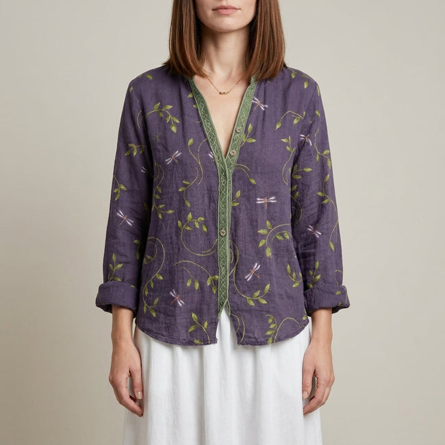 Purple floral summer blouse for women by FJØRNA, V-neck long sleeve linen top with a relaxed fit.