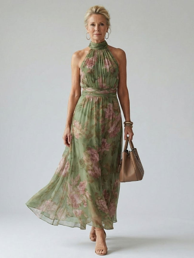 FJØRNA women's summer maxi dress with floral print, halter neck, sleeveless, lightweight fabric, perfect for warm weather.