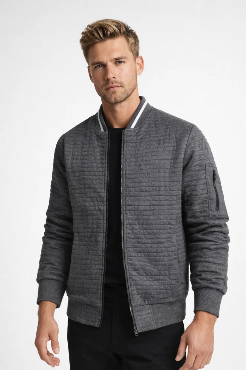 Quilted Bomber Jacket Men Zip Front Ribbed Collar Hip Length