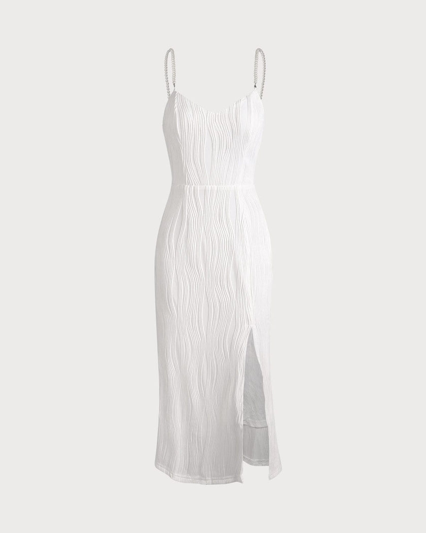 Red FJØRNA midi dress for women with pearl straps and textured fabric, stylish and elegant for various occasions.