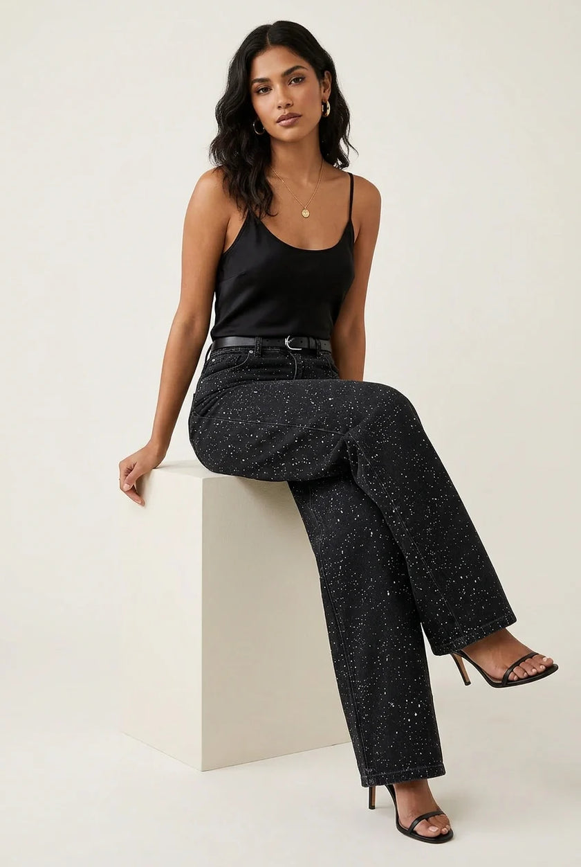 Straight Leg Jeans Women High Waist Glitter Detail